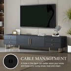 Meuble TV noir et blanc pour téléviseurs de 65 po et plus, 4 tiroirs + armoire, cadre en T