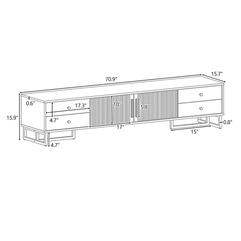 Meuble TV noir et blanc pour téléviseurs de 65 po et plus, 4 tiroirs + armoire, cadre en T