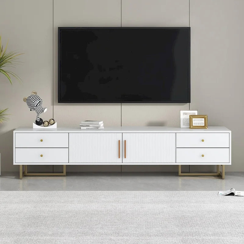 Meuble TV noir et blanc pour téléviseurs de 65 po et plus, 4 tiroirs + armoire, cadre en T