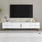 Meuble TV noir et blanc pour téléviseurs de 65 po et plus, 4 tiroirs + armoire, cadre en T