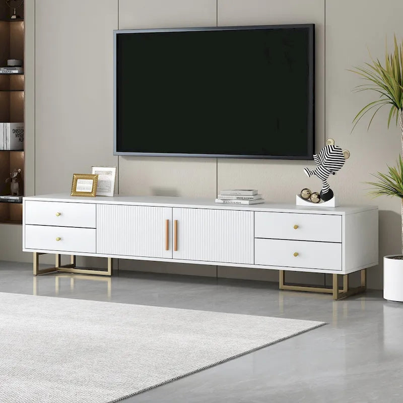 Meuble TV noir et blanc pour téléviseurs de 65 po et plus, 4 tiroirs + armoire, cadre en T