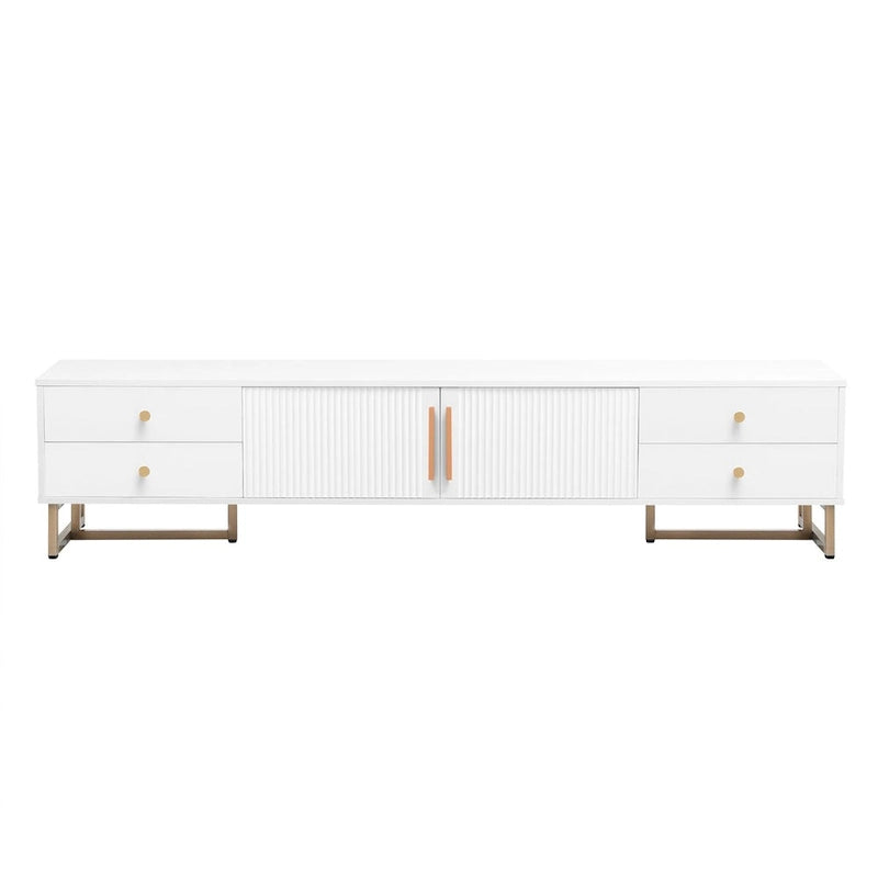 Meuble TV noir et blanc pour téléviseurs de 65 po et plus, 4 tiroirs + armoire, cadre en T