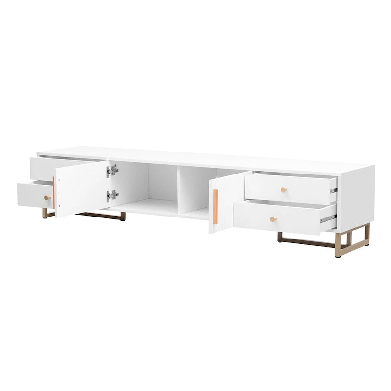 Meuble TV noir et blanc pour téléviseurs de 65 po et plus, 4 tiroirs + armoire, cadre en T