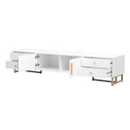 Meuble TV noir et blanc pour téléviseurs de 65 po et plus, 4 tiroirs + armoire, cadre en T