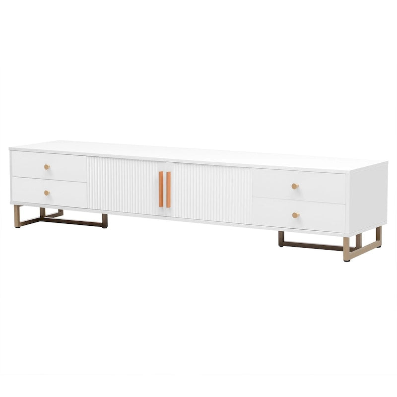 Meuble TV noir et blanc pour téléviseurs de 65 po et plus, 4 tiroirs + armoire, cadre en T