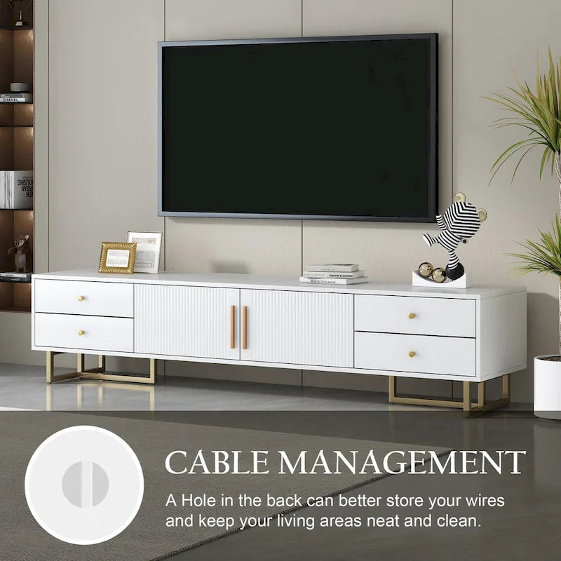 Meuble TV noir et blanc pour téléviseurs de 65 po et plus, 4 tiroirs + armoire, cadre en T