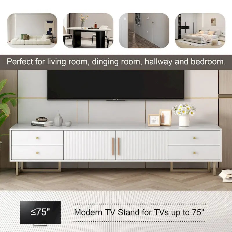Meuble TV noir et blanc pour téléviseurs de 65 po et plus, 4 tiroirs + armoire, cadre en T