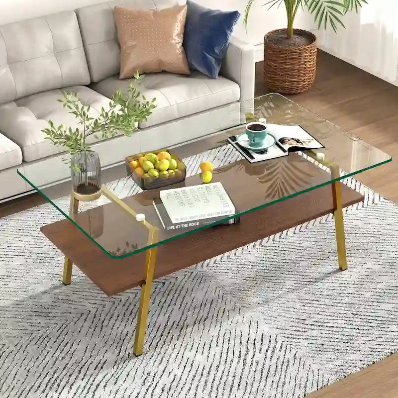 Table basse rectangulaire en verre, multicolore, à 2 niveaux
