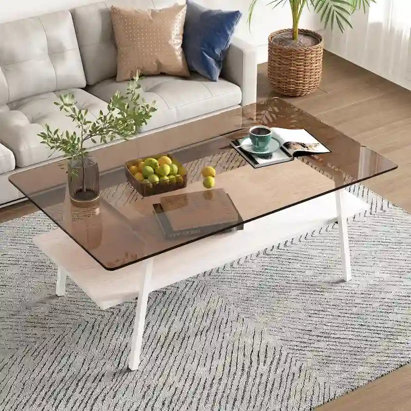 Table basse rectangulaire en verre, multicolore, à 2 niveaux
