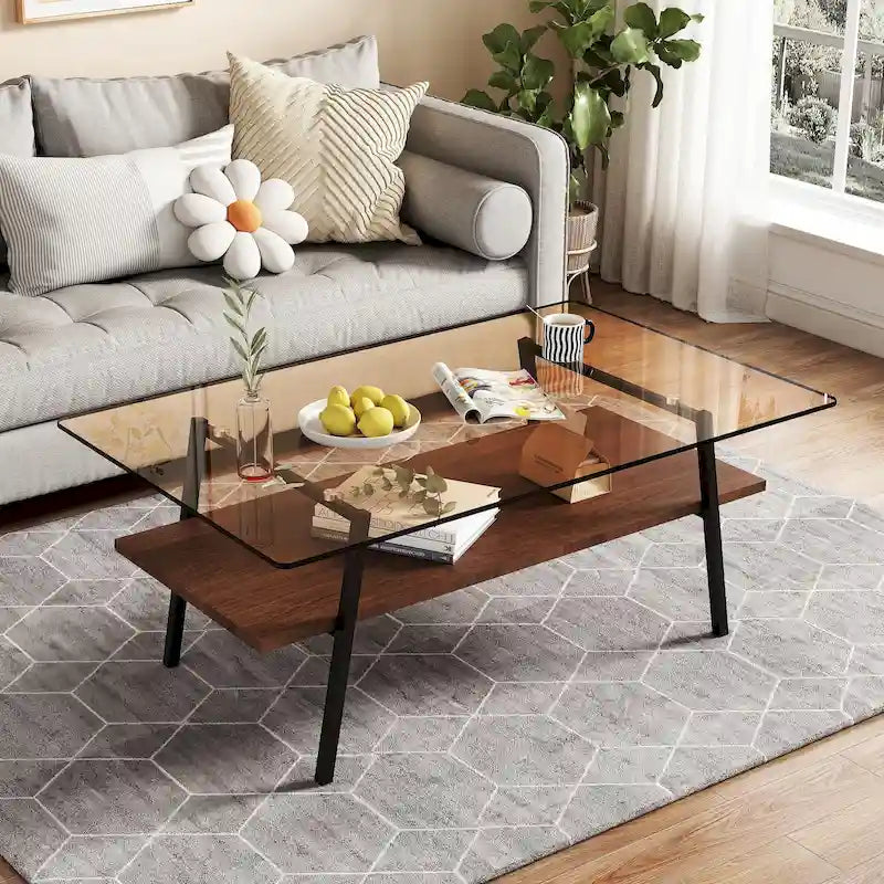 Table basse rectangulaire en verre, multicolore, à 2 niveaux