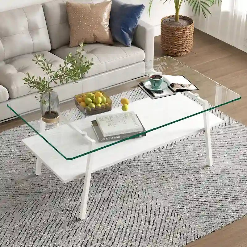 Table basse rectangulaire en verre, multicolore, à 2 niveaux