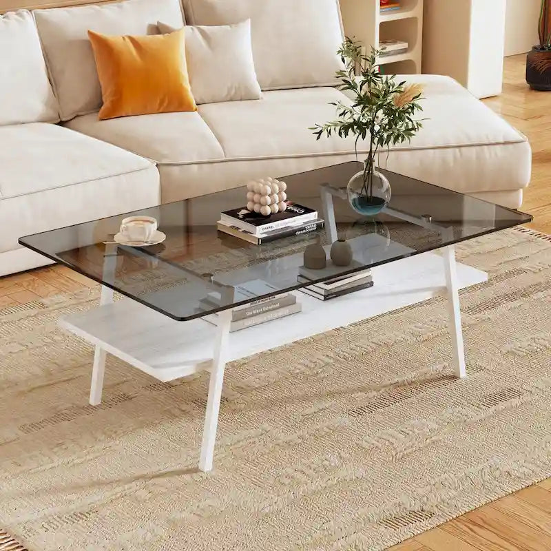 Table basse rectangulaire en verre, multicolore, à 2 niveaux