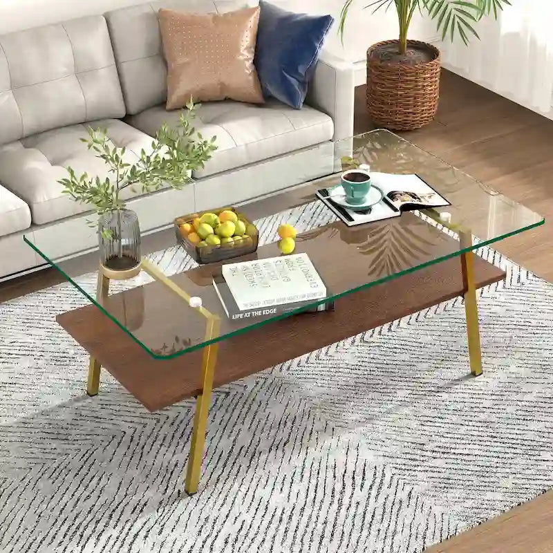 Table basse rectangulaire en verre, multicolore, à 2 niveaux