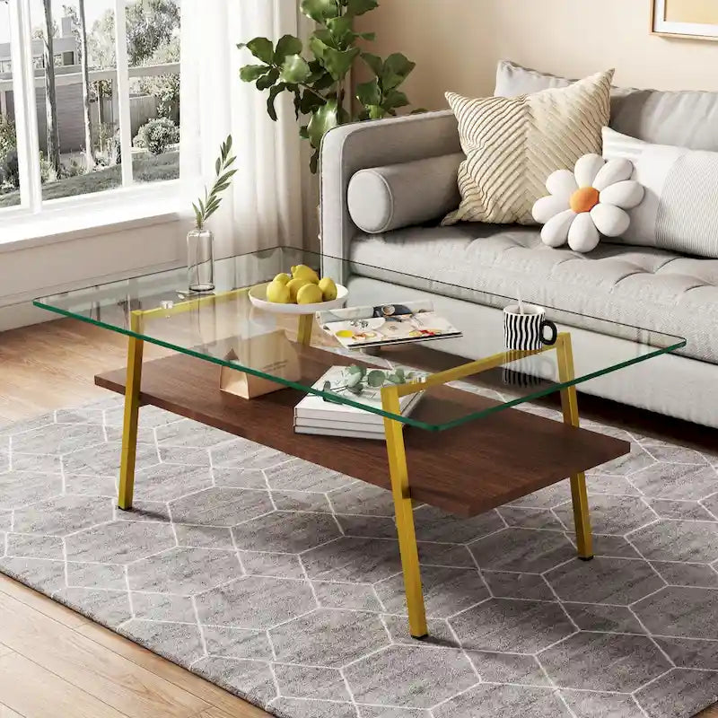 Table basse rectangulaire en verre, multicolore, à 2 niveaux