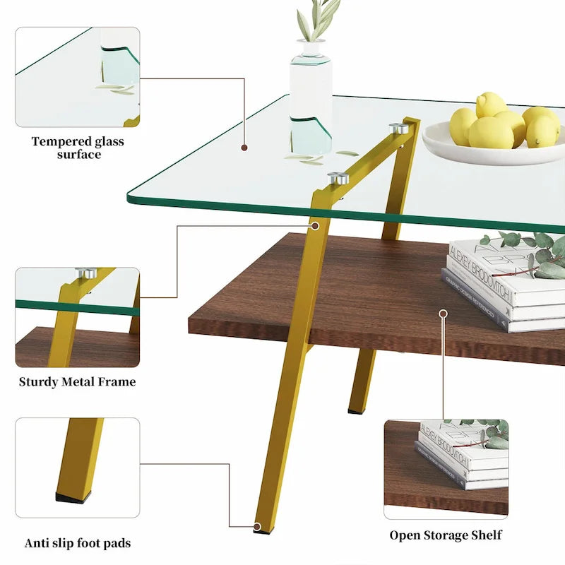 Table basse rectangulaire en verre, multicolore, à 2 niveaux