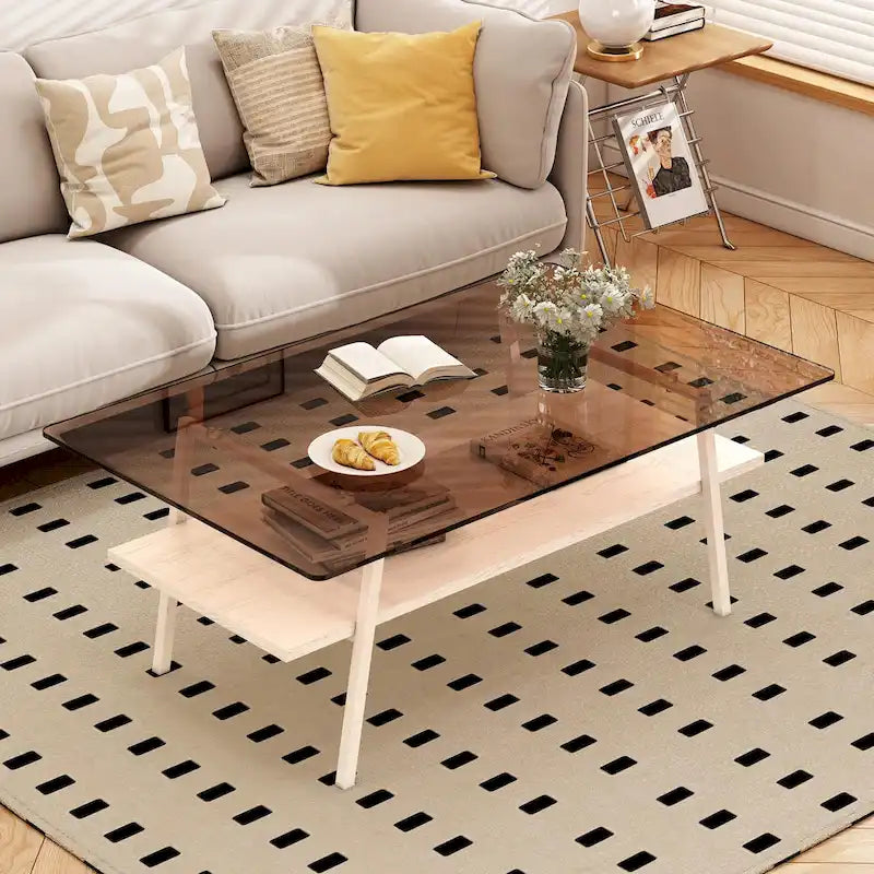 Table basse rectangulaire en verre, multicolore, à 2 niveaux