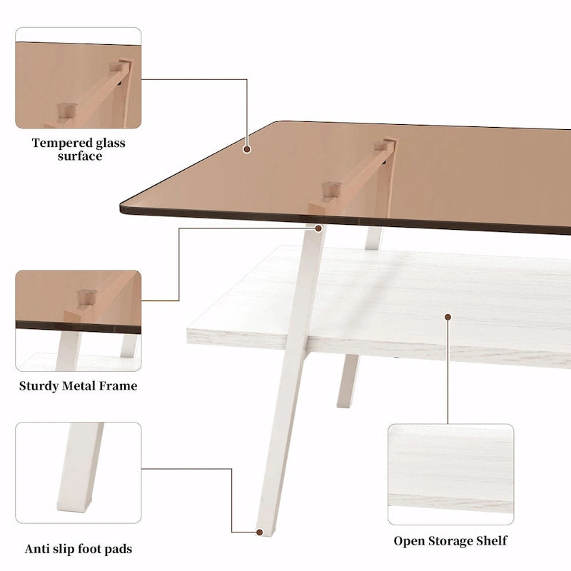 Table basse rectangulaire en verre, multicolore, à 2 niveaux
