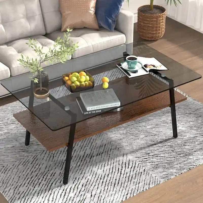 Table basse rectangulaire en verre, multicolore, à 2 niveaux