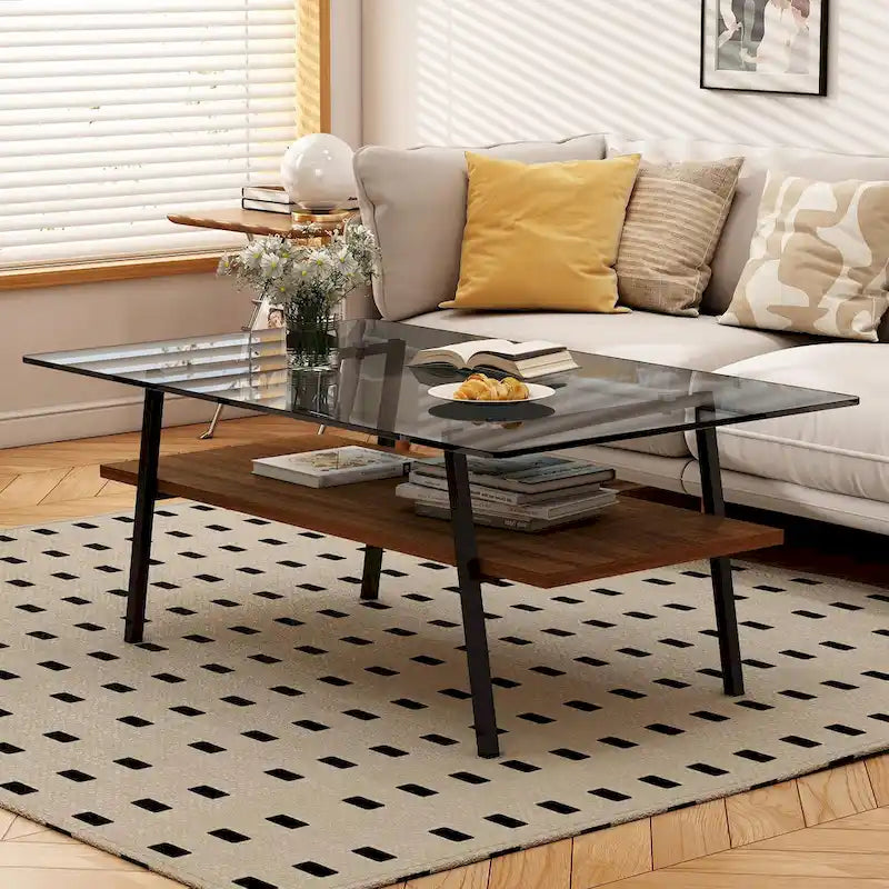 Table basse rectangulaire en verre, multicolore, à 2 niveaux