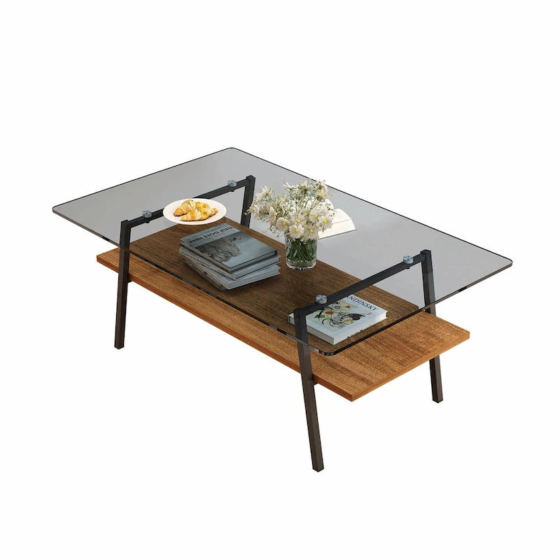 Table basse rectangulaire en verre, multicolore, à 2 niveaux