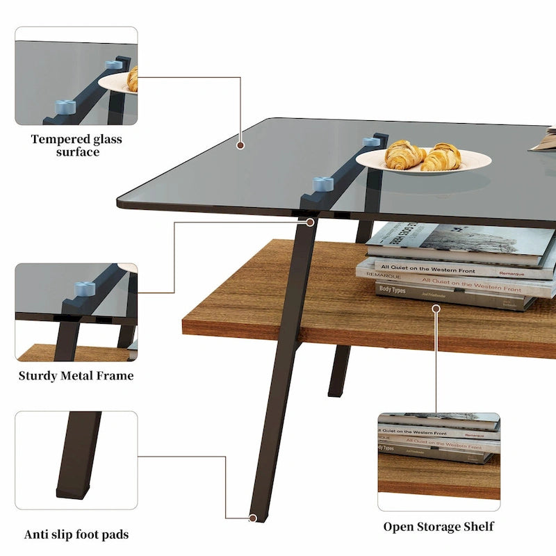 Table basse rectangulaire en verre, multicolore, à 2 niveaux