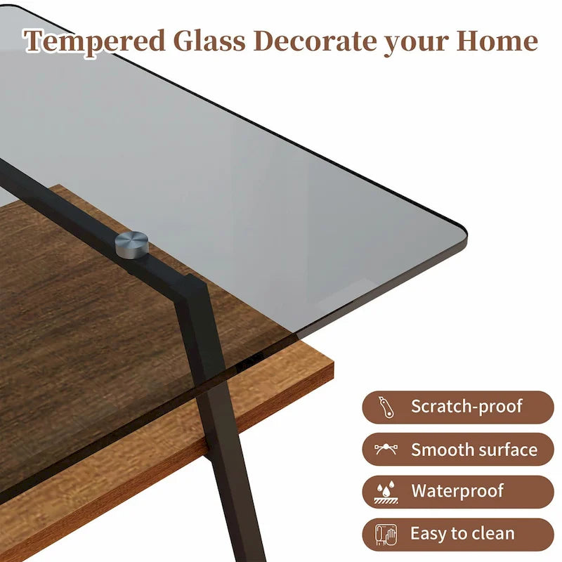 Table basse rectangulaire en verre, multicolore, à 2 niveaux