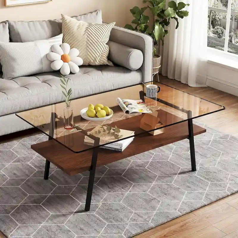 Table basse rectangulaire en verre, multicolore, à 2 niveaux