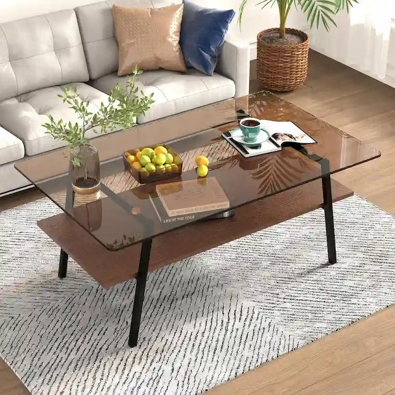 Table basse rectangulaire en verre, multicolore, à 2 niveaux