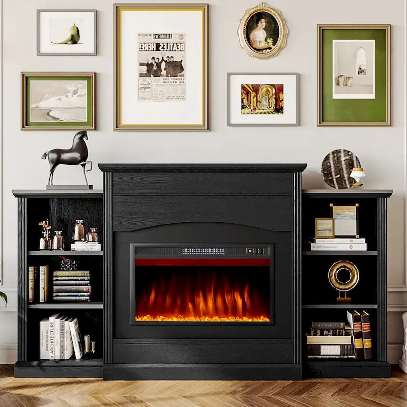 Meuble TV avec cheminée électrique moderne blanc/noir avec manteau, utilisation pour chambre individuelle