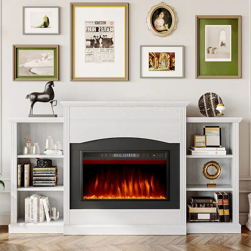 Meuble TV avec cheminée électrique moderne blanc/noir avec manteau, utilisation pour chambre individuelle