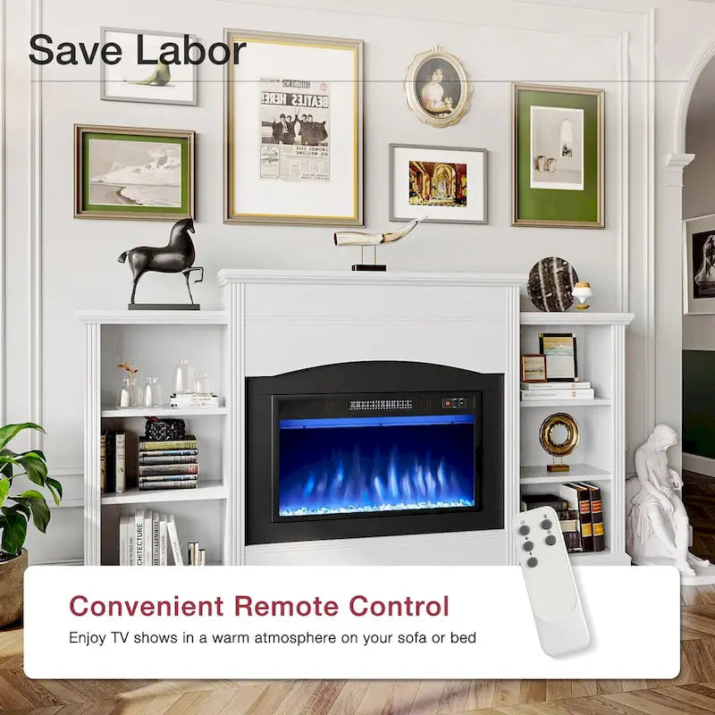 Meuble TV avec cheminée électrique moderne blanc/noir avec manteau, utilisation pour chambre individuelle