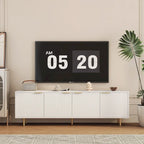 Meuble TV blanc cannelé avec rangement, Console de divertissement à 4 portes pour téléviseurs jusqu'à 79"