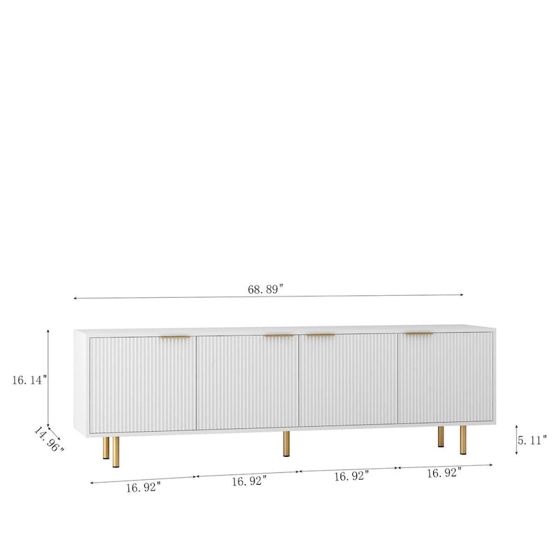 Meuble TV blanc cannelé avec rangement, Console de divertissement à 4 portes pour téléviseurs jusqu'à 79"