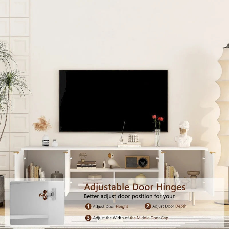 Meuble TV blanc cannelé avec rangement, Console de divertissement à 4 portes pour téléviseurs jusqu'à 79"