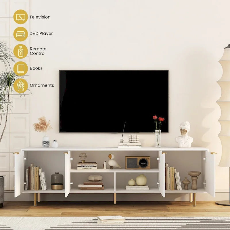 Meuble TV blanc cannelé avec rangement, Console de divertissement à 4 portes pour téléviseurs jusqu'à 79"