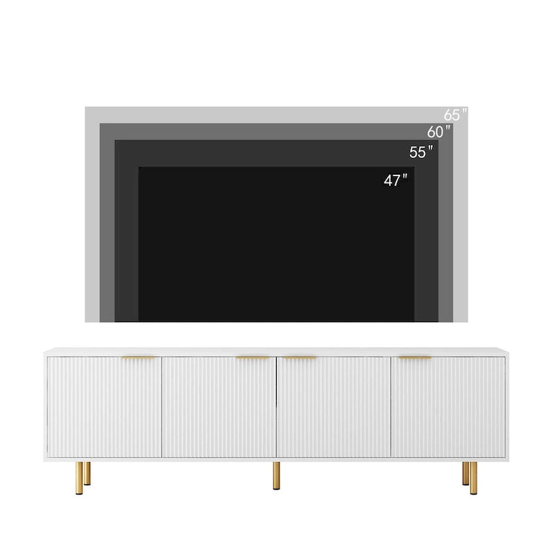 Meuble TV blanc cannelé avec rangement, Console de divertissement à 4 portes pour téléviseurs jusqu'à 79"
