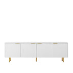 Meuble TV blanc cannelé avec rangement, Console de divertissement à 4 portes pour téléviseurs jusqu'à 79"