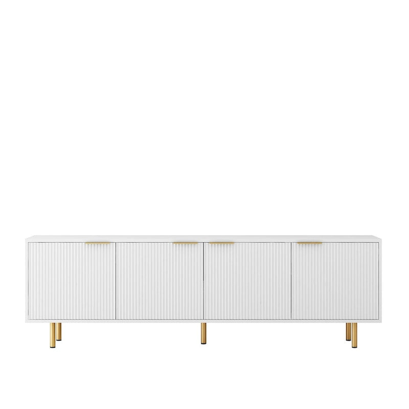 Meuble TV blanc cannelé avec rangement, Console de divertissement à 4 portes pour téléviseurs jusqu'à 79"