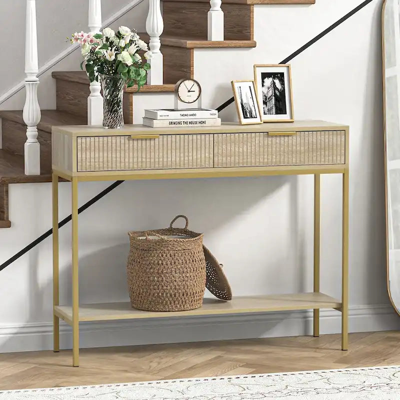 Console en chêne avec 2 tiroirs, plateau en bois et pieds dorés
