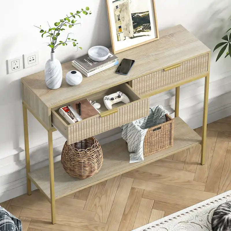 Console en chêne avec 2 tiroirs, plateau en bois et pieds dorés