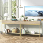 Console en chêne avec 2 tiroirs, plateau en bois et pieds dorés