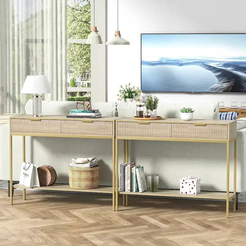 Console en chêne avec 2 tiroirs, plateau en bois et pieds dorés