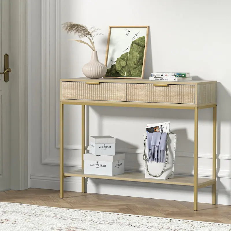 Console en chêne avec 2 tiroirs, plateau en bois et pieds dorés