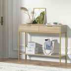 Console en chêne avec 2 tiroirs, plateau en bois et pieds dorés