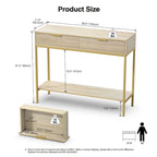 Console en chêne avec 2 tiroirs, plateau en bois et pieds dorés