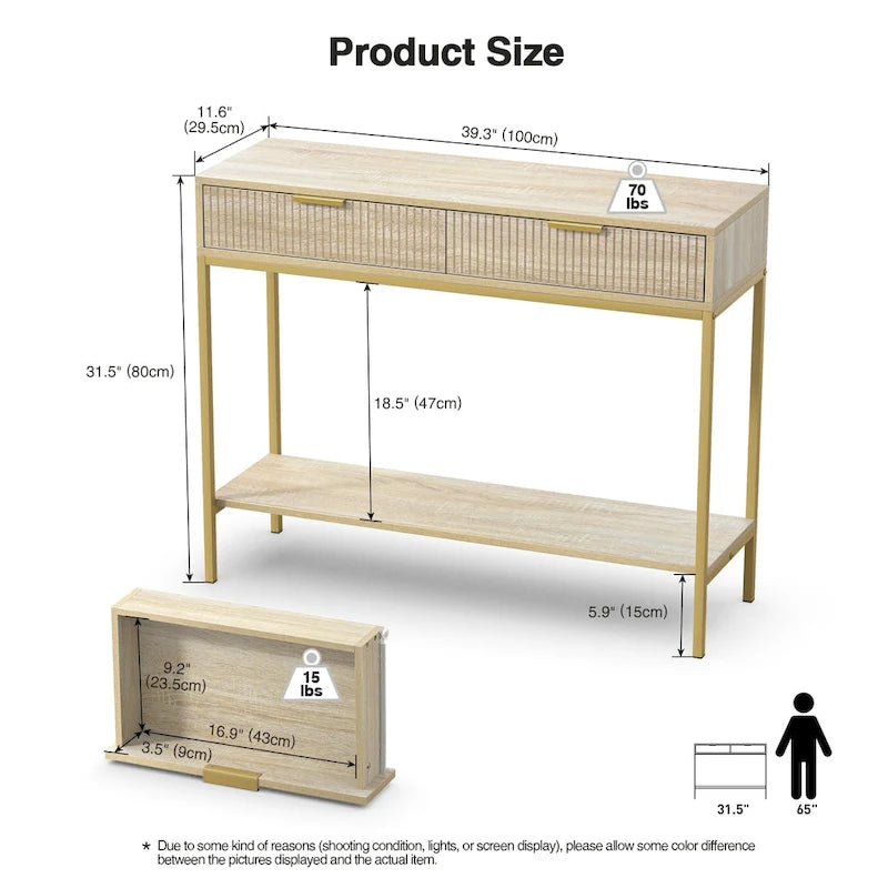 Console en chêne avec 2 tiroirs, plateau en bois et pieds dorés
