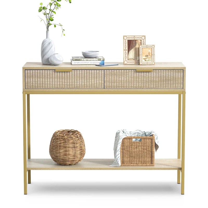Console en chêne avec 2 tiroirs, plateau en bois et pieds dorés