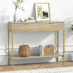 Console en chêne avec 2 tiroirs, plateau en bois et pieds dorés