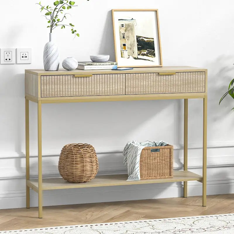 Console en chêne avec 2 tiroirs, plateau en bois et pieds dorés