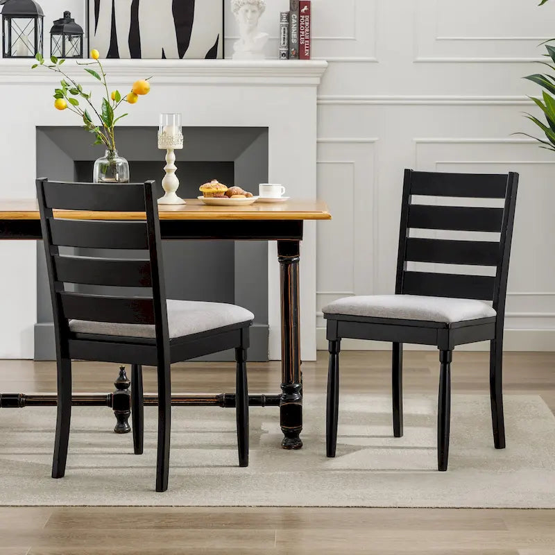 Chaise de salle à manger sans accoudoirs, dossier échelle, noir/noyer, lot de 2